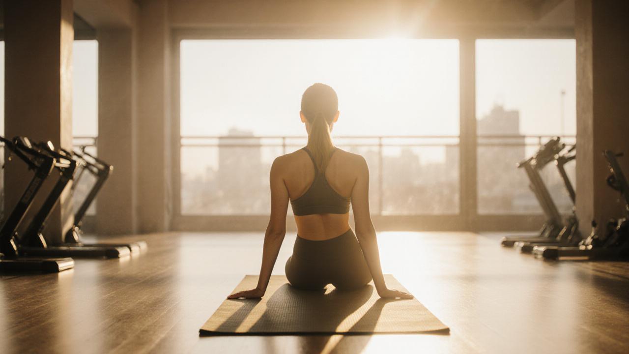 Madre joven practicando pilates suave en ambiente luminoso